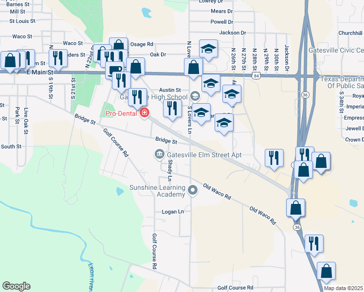 map of restaurants, bars, coffee shops, grocery stores, and more near 563-599 S Lovers Ln in Gatesville