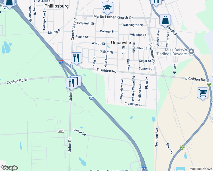 map of restaurants, bars, coffee shops, grocery stores, and more near 334 Golden Road in Tifton