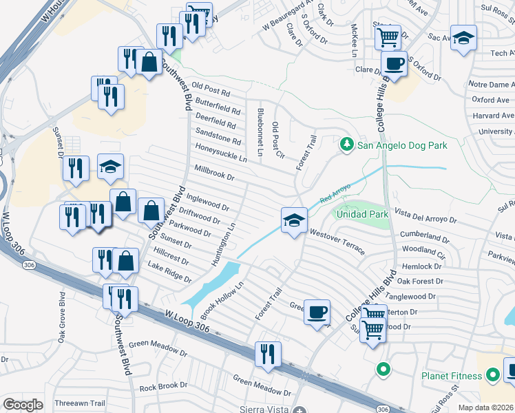 map of restaurants, bars, coffee shops, grocery stores, and more near 3709 High Meadow Drive in San Angelo