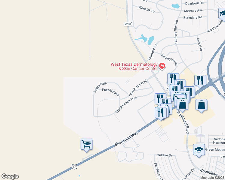 map of restaurants, bars, coffee shops, grocery stores, and more near 6329-6399 Pueblo Pass in San Angelo
