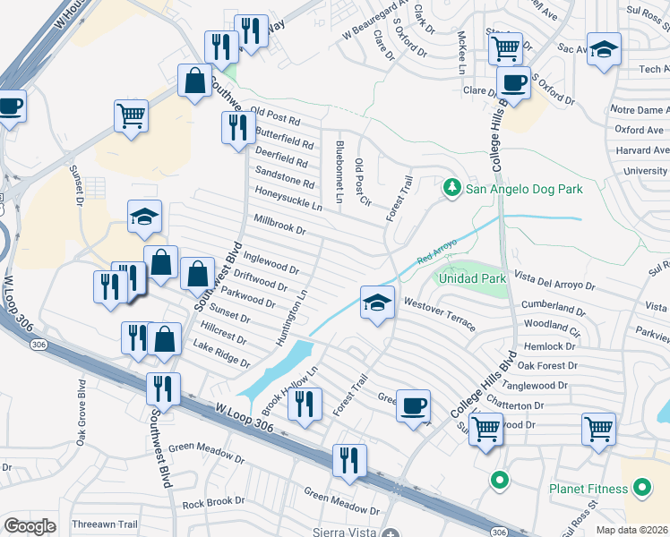 map of restaurants, bars, coffee shops, grocery stores, and more near 3709 High Meadow Drive in San Angelo