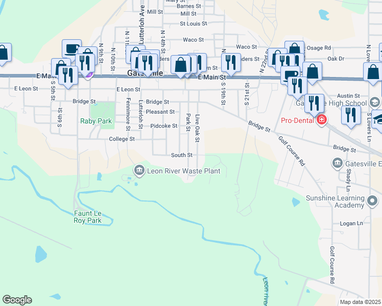 map of restaurants, bars, coffee shops, grocery stores, and more near 615 Park St in Gatesville
