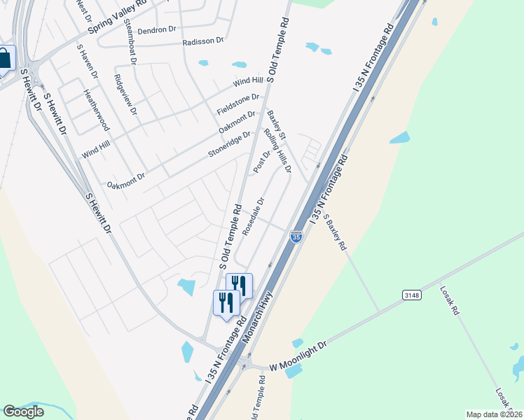 map of restaurants, bars, coffee shops, grocery stores, and more near 810 Rosedale Dr in Hewitt
