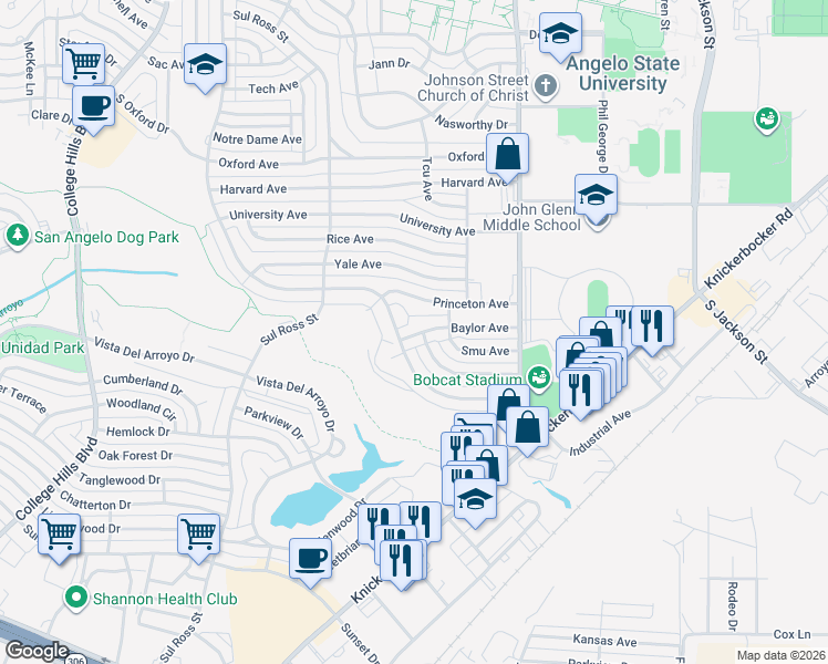 map of restaurants, bars, coffee shops, grocery stores, and more near 2556 Baylor Avenue in San Angelo