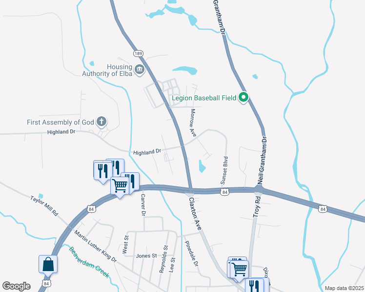 map of restaurants, bars, coffee shops, grocery stores, and more near 1200 Highland Street in Elba