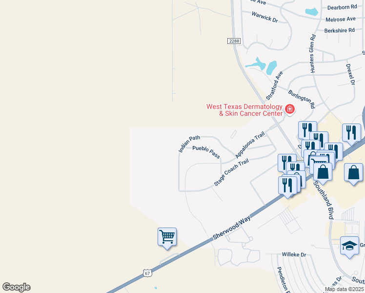map of restaurants, bars, coffee shops, grocery stores, and more near 6329-6399 Pueblo Pass in San Angelo
