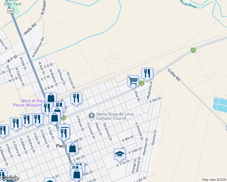 map of restaurants, bars, coffee shops, grocery stores, and more near 1018 East 2nd Street in Pecos