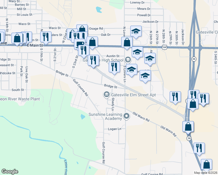 map of restaurants, bars, coffee shops, grocery stores, and more near 2506 Bridge Street in Gatesville