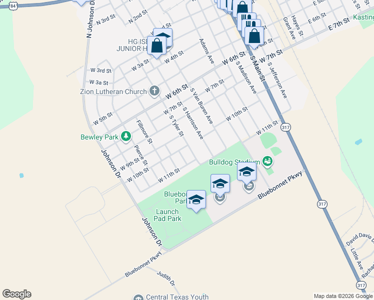 map of restaurants, bars, coffee shops, grocery stores, and more near 1003 South Tyler Street in McGregor