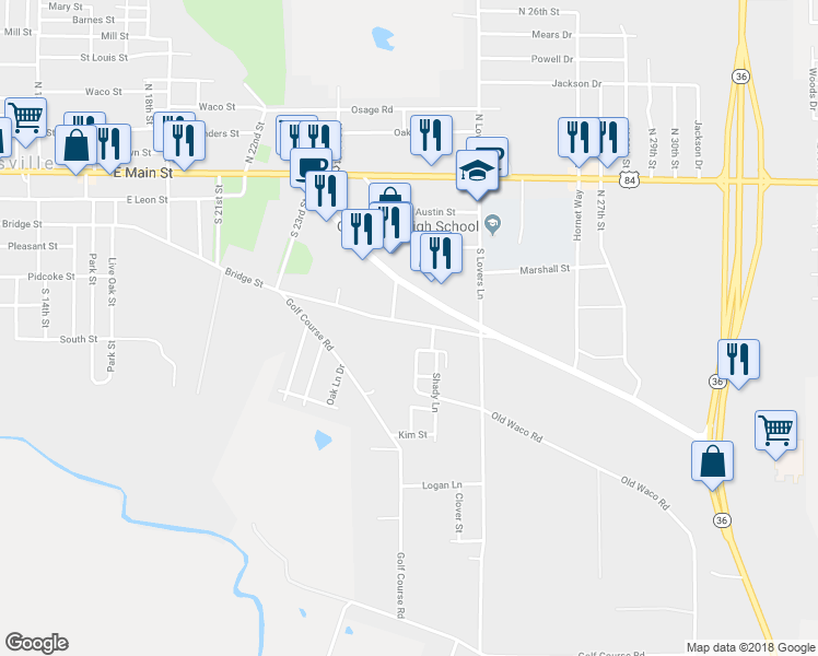 map of restaurants, bars, coffee shops, grocery stores, and more near 2506 Bridge Street in Gatesville
