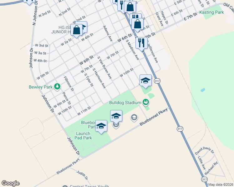 map of restaurants, bars, coffee shops, grocery stores, and more near 901 West 11th Street in McGregor