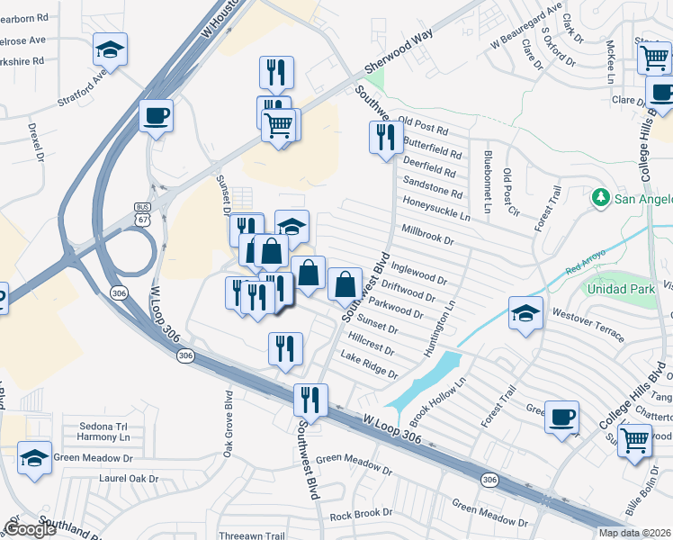 map of restaurants, bars, coffee shops, grocery stores, and more near 3999 Driftwood Drive in San Angelo