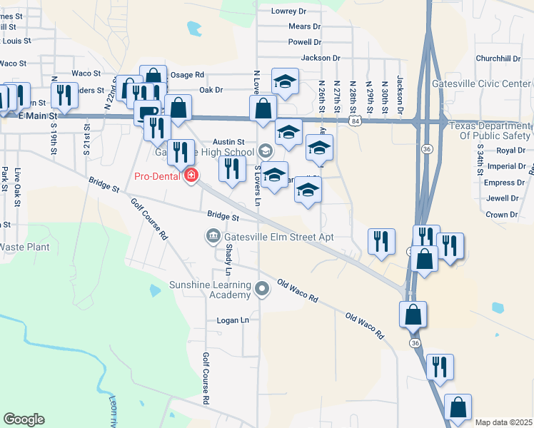 map of restaurants, bars, coffee shops, grocery stores, and more near 311 South Lovers Lane in Gatesville