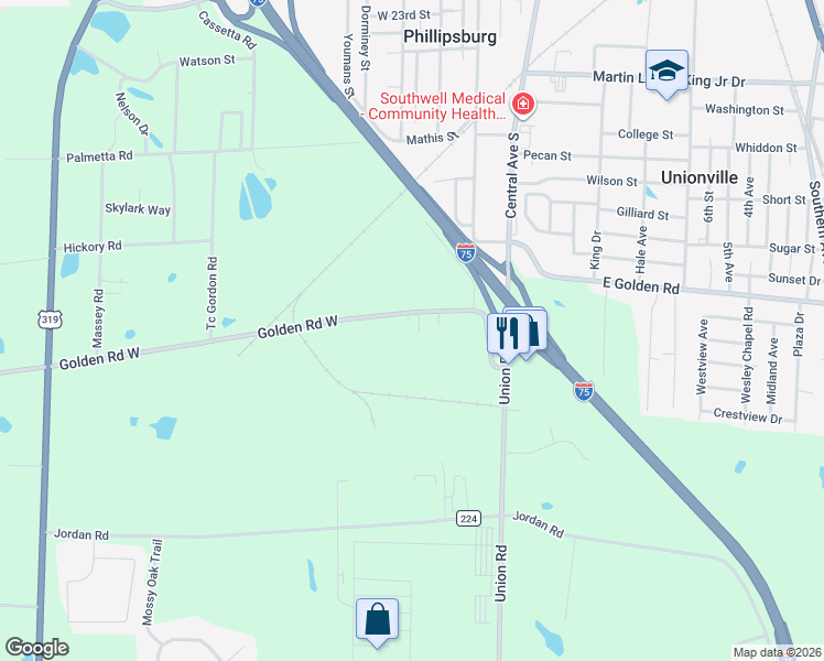 map of restaurants, bars, coffee shops, grocery stores, and more near 412 Golden Road West in Tifton
