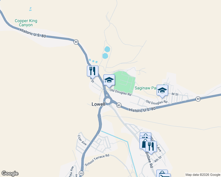 map of restaurants, bars, coffee shops, grocery stores, and more near 1 Old Douglas Road in Bisbee
