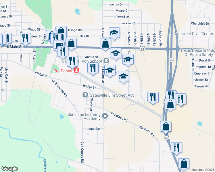map of restaurants, bars, coffee shops, grocery stores, and more near 563 South Lovers Lane in Gatesville