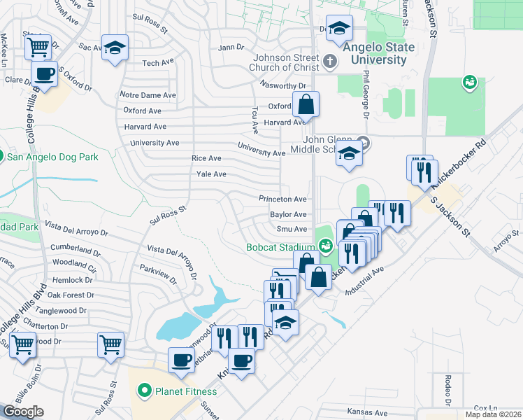 map of restaurants, bars, coffee shops, grocery stores, and more near 2513 Baylor Avenue in San Angelo