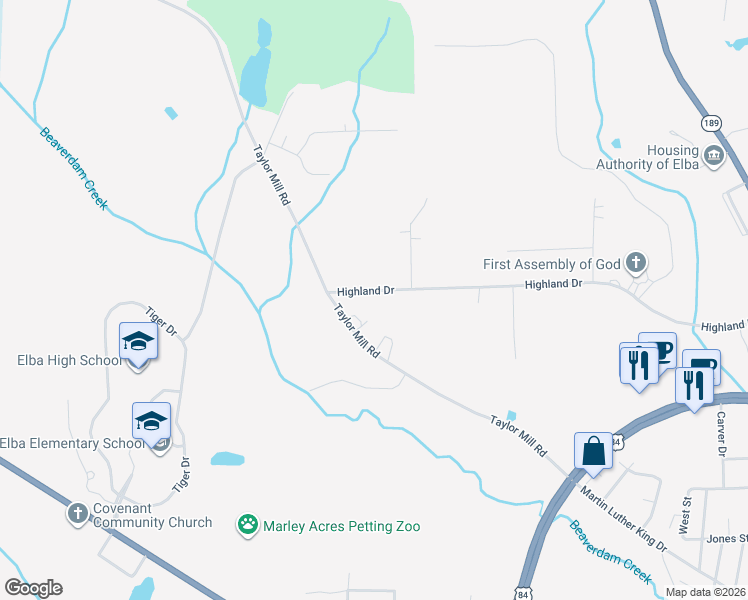 map of restaurants, bars, coffee shops, grocery stores, and more near 1795 Highland Drive in Elba