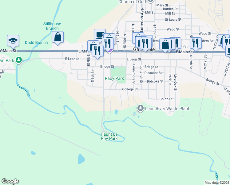 map of restaurants, bars, coffee shops, grocery stores, and more near 808 College Street in Gatesville