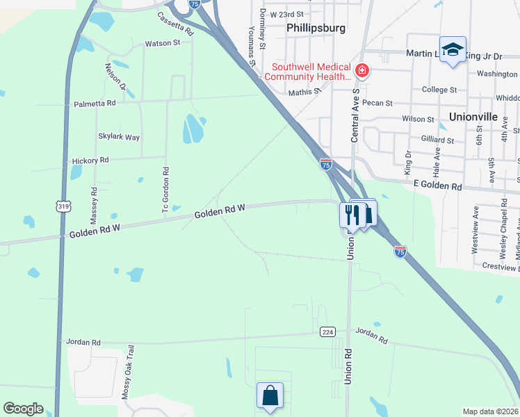 map of restaurants, bars, coffee shops, grocery stores, and more near 604 Golden Road in Tifton