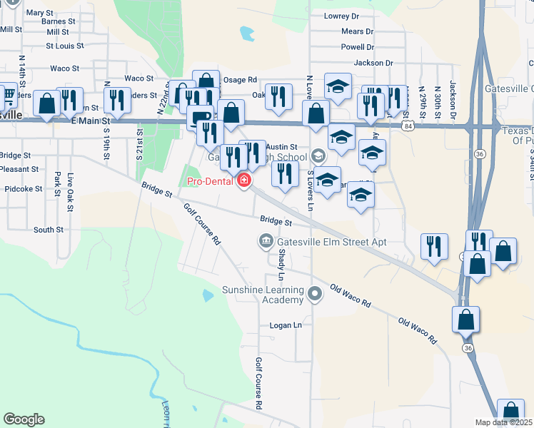 map of restaurants, bars, coffee shops, grocery stores, and more near 2506 Bridge Street in Gatesville