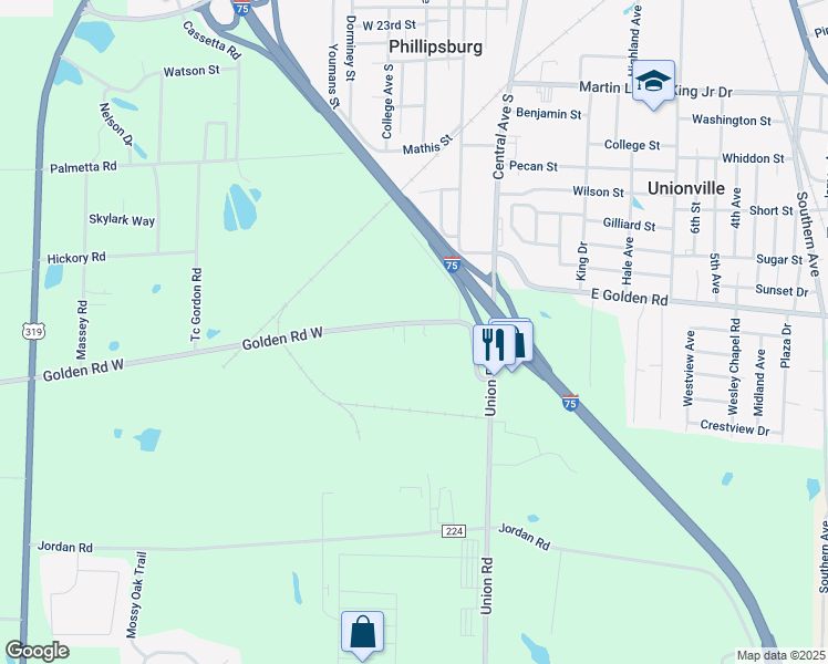 map of restaurants, bars, coffee shops, grocery stores, and more near 334 Golden Road West in Tifton