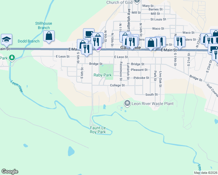 map of restaurants, bars, coffee shops, grocery stores, and more near 808 College Street in Gatesville