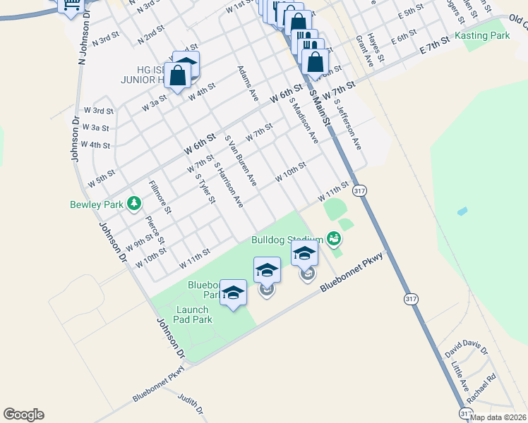 map of restaurants, bars, coffee shops, grocery stores, and more near 901 West 11th Street in McGregor