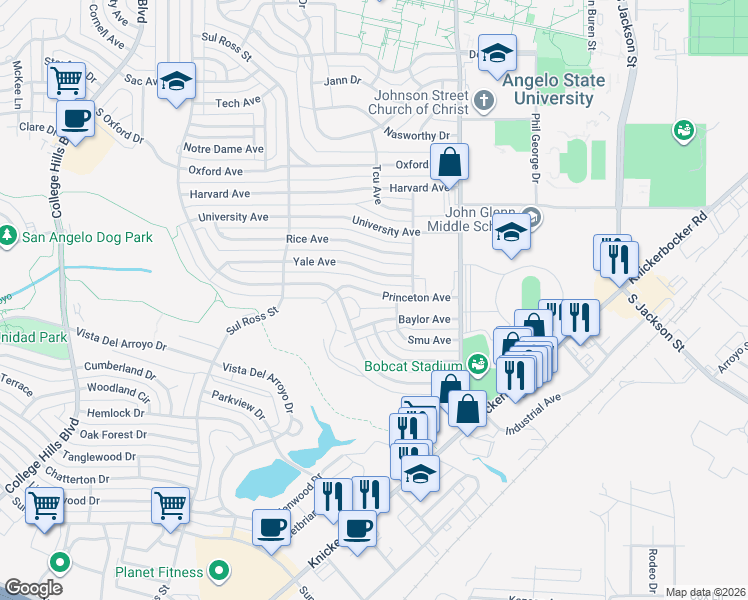map of restaurants, bars, coffee shops, grocery stores, and more near 2535 Princeton Avenue in San Angelo