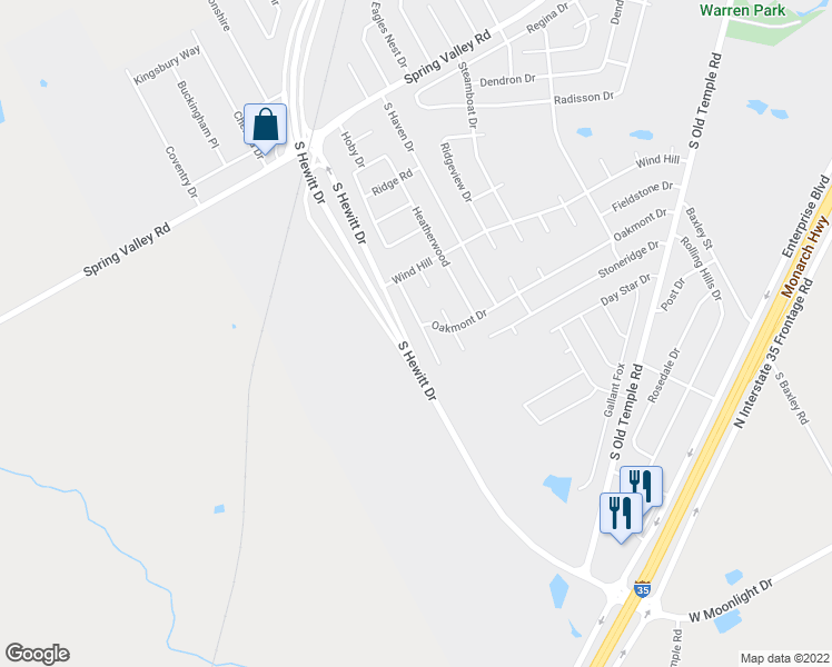 map of restaurants, bars, coffee shops, grocery stores, and more near 1301 Darbyton Drive in Hewitt