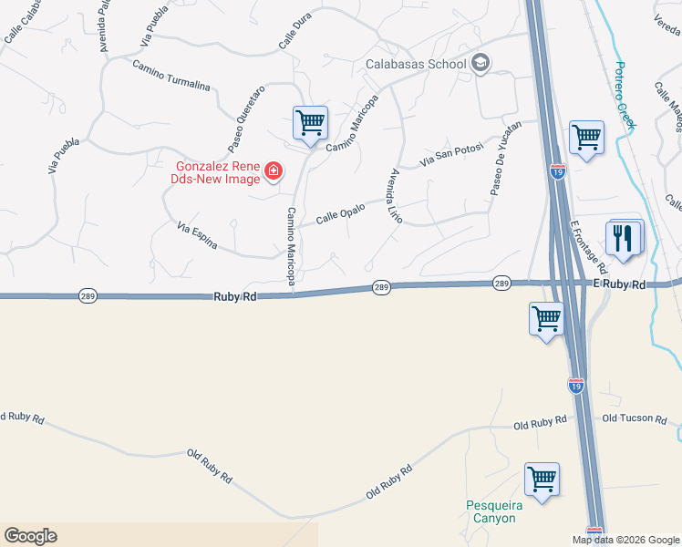 map of restaurants, bars, coffee shops, grocery stores, and more near 207 Petalo Court in Rio Rico