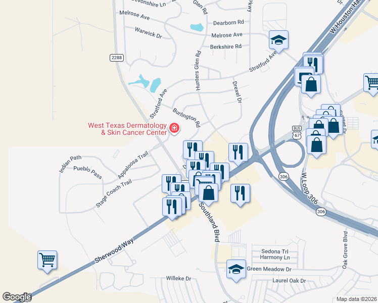 map of restaurants, bars, coffee shops, grocery stores, and more near 237 Burlington Road in San Angelo