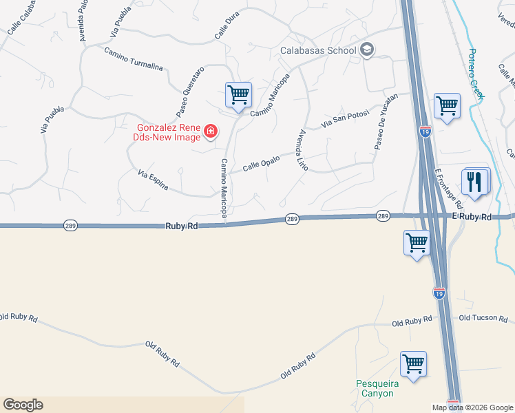 map of restaurants, bars, coffee shops, grocery stores, and more near 207 Petalo Court in Rio Rico