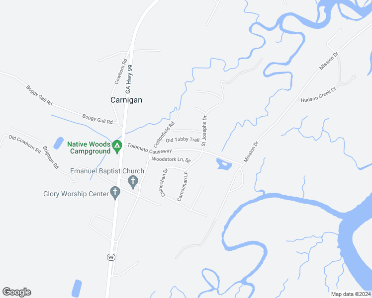 map of restaurants, bars, coffee shops, grocery stores, and more near Tolomato Causeway in Darien