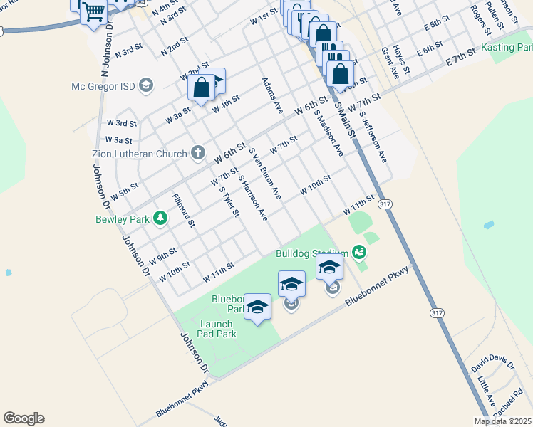 map of restaurants, bars, coffee shops, grocery stores, and more near 906 West 10th Street in McGregor