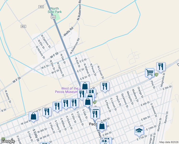 map of restaurants, bars, coffee shops, grocery stores, and more near 214 North Walnut Street in Pecos