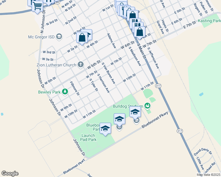 map of restaurants, bars, coffee shops, grocery stores, and more near 906 West 10th Street in McGregor