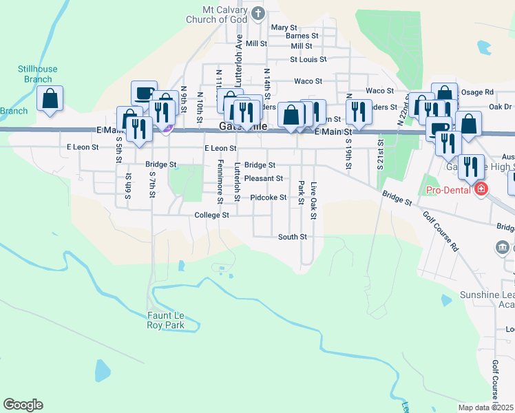 map of restaurants, bars, coffee shops, grocery stores, and more near 605 Fouts Street in Gatesville