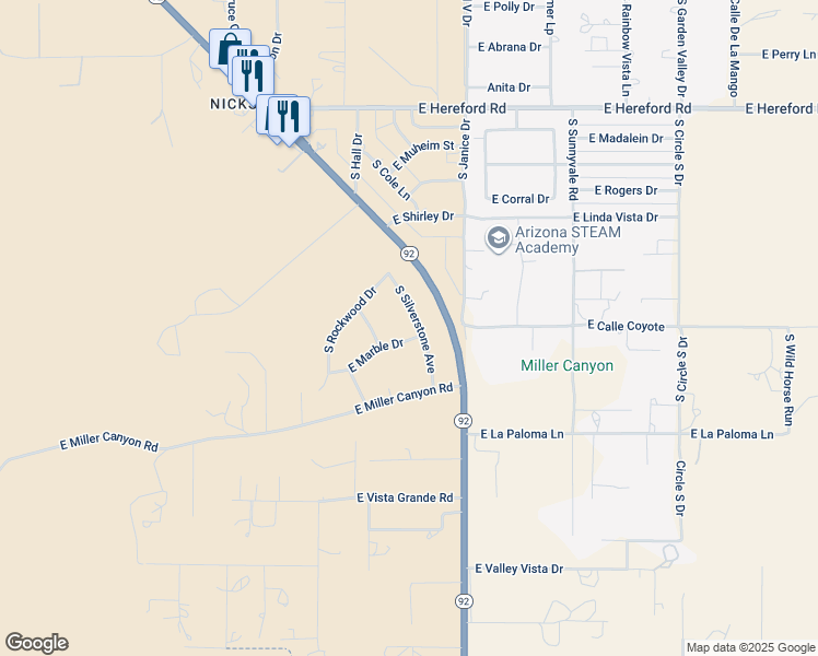 map of restaurants, bars, coffee shops, grocery stores, and more near 7602 South Silverstone Avenue in Hereford
