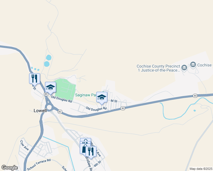 map of restaurants, bars, coffee shops, grocery stores, and more near 309 A Street in Bisbee