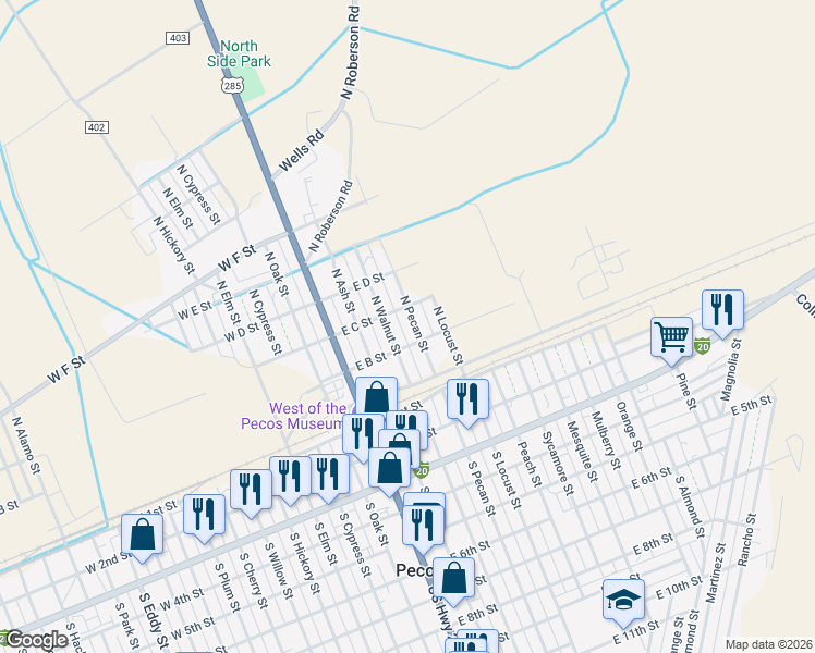 map of restaurants, bars, coffee shops, grocery stores, and more near 214 North Walnut Street in Pecos
