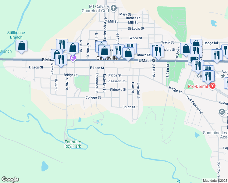 map of restaurants, bars, coffee shops, grocery stores, and more near 605 Fouts Street in Gatesville