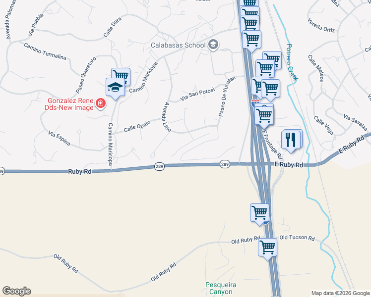 map of restaurants, bars, coffee shops, grocery stores, and more near 881 Manzanilla Way in Rio Rico
