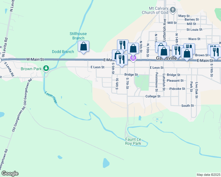 map of restaurants, bars, coffee shops, grocery stores, and more near 500 South 5th Street in Gatesville
