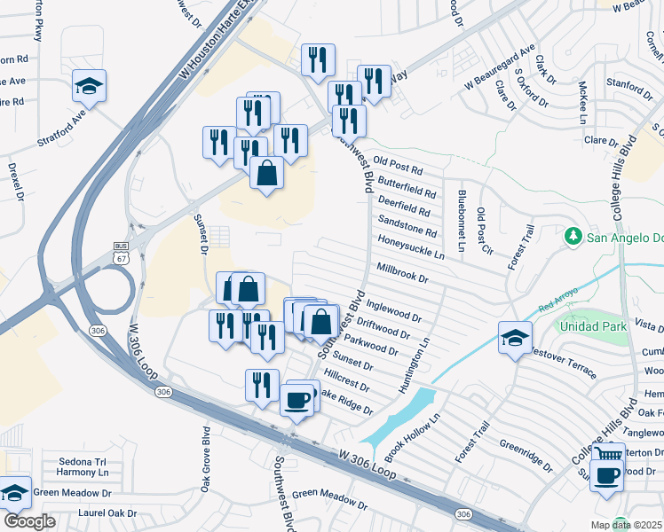 map of restaurants, bars, coffee shops, grocery stores, and more near 3949 High Meadow Dr in San Angelo