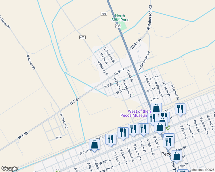 map of restaurants, bars, coffee shops, grocery stores, and more near 426 North Hickory Street in Pecos
