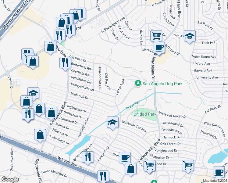 map of restaurants, bars, coffee shops, grocery stores, and more near 3605 Old Post Circle in San Angelo