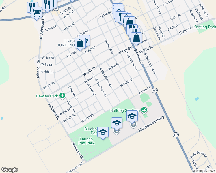 map of restaurants, bars, coffee shops, grocery stores, and more near 906 West 10th Street in McGregor