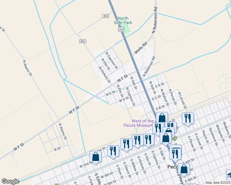 map of restaurants, bars, coffee shops, grocery stores, and more near 426 North Hickory Street in Pecos