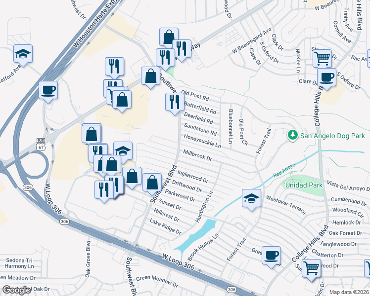 map of restaurants, bars, coffee shops, grocery stores, and more near 3301 Southwest Boulevard in San Angelo